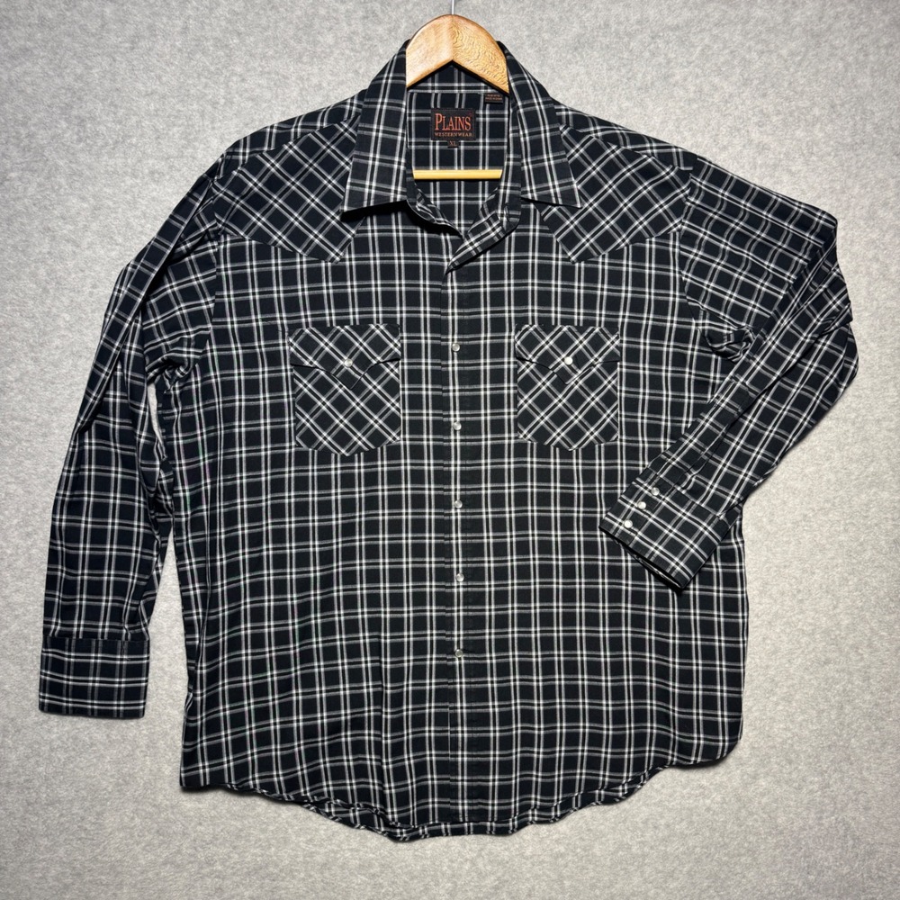 Plains Western Wear Mens XL Black White Plaid Pearl Snap Long‎ Sleeve Shirt